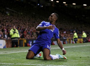 Chelsea's Didier Drogba celebrates after scoring during their English Premier League soccer match against Manchester United at Old Trafford in Manchester