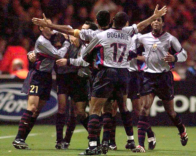 BARCELONA'S COCU CELEBRATES FOURTH GOAL AT WEMBLEY.