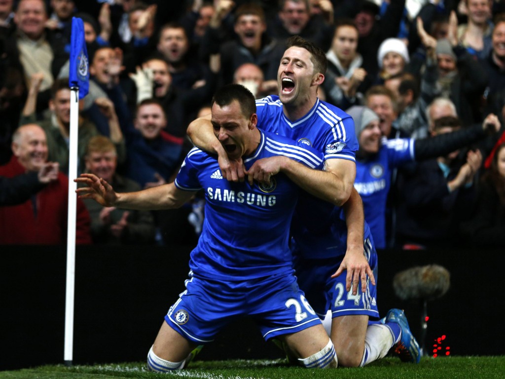 Chelsea's Terry celebrates with Cahill after scoring a goal against Southampton during their English Premier League soccer match at Stamford Bridge in London