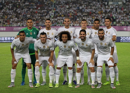 GUANGZHOU, CHINA - JULY 27: Players of Real Madrid pose for group photo during the match of International Champions Cup China 2015 between Real Madrid and FC Internazionale at Tianhe Stadium on July 27, 2015 in Guangzhou, China. (Photo by Zhong Zhi/Getty Images)