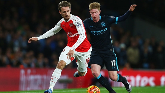 LONDON, ENGLAND - DECEMBER 21: Nacho Monreal of Arsenal is closed down by Kevin de Bruyne of Manchester City during the Barclays Premier League match between Arsenal and Manchester City at Emirates Stadium on December 21, 2015 in London, England.  (Photo by Clive Rose/Getty Images)